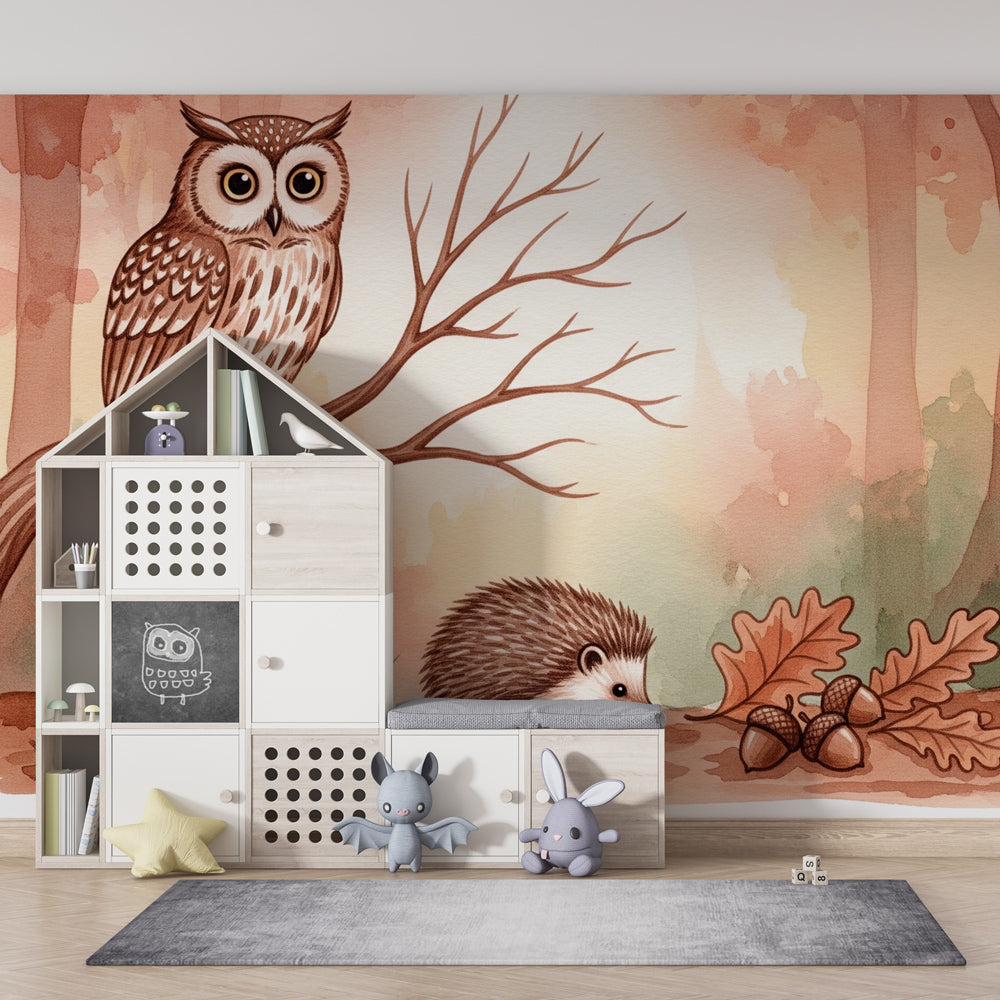 Woodland owl mural wallpaper creating peaceful kids bedroom atmosphere with natural furniture