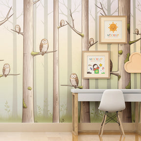 Woodland owl wallpaper transforming kids bedroom into serene forest sanctuary
