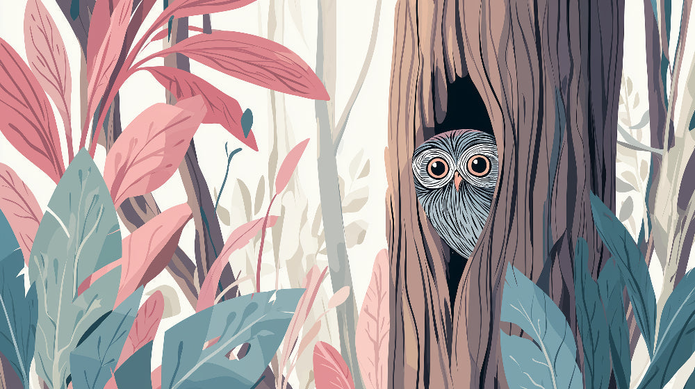 Detailed forest owl mural wallpaper design pattern showing tree hollow and botanical elements by Kids-Mundo