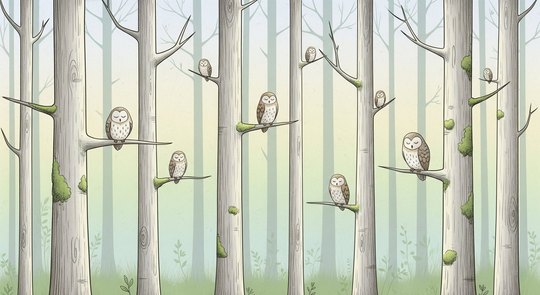 Detailed forest owl mural wallpaper design pattern with woodland branches by Kids-Mundo
