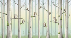 Detailed forest owl mural wallpaper design pattern with woodland branches by Kids-Mundo