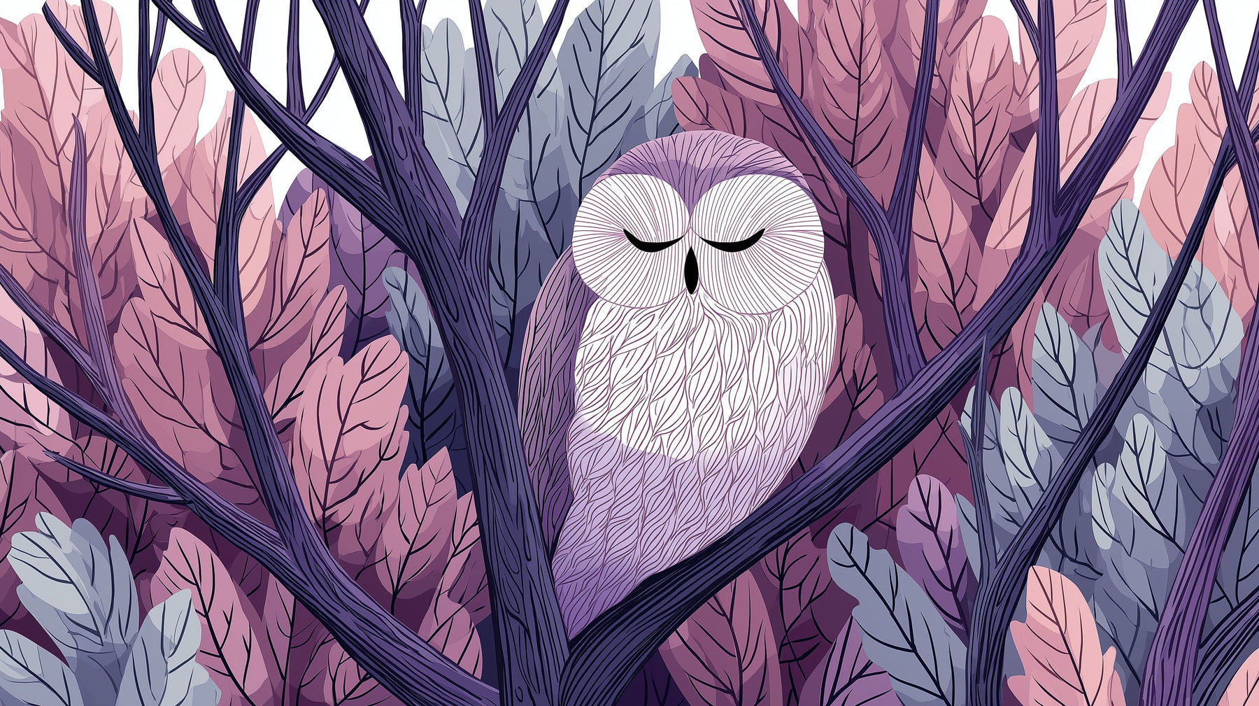 Detailed forest owl mural wallpaper design pattern featuring sleeping owl among pink purple foliage by Kids-Mundo