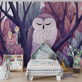 Sleeping owl mural wallpaper for kids room showing peaceful forest design with pink and purple leaves