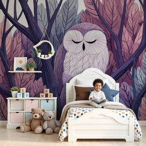 Forest owl mural wallpaper creating peaceful nursery decor with sleeping owl and pink purple foliage by Kids-Mundo
