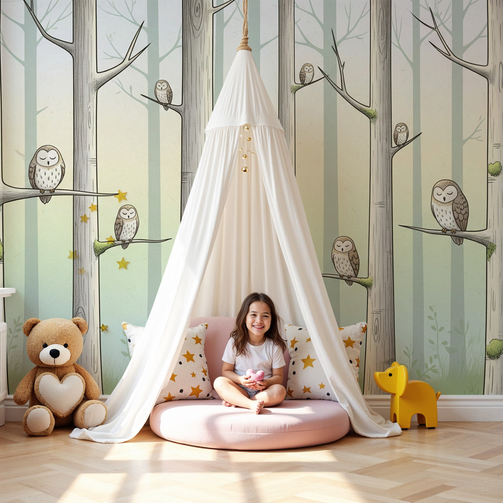 Forest owl mural wallpaper creating peaceful woodland nursery decor by Kids-Mundo