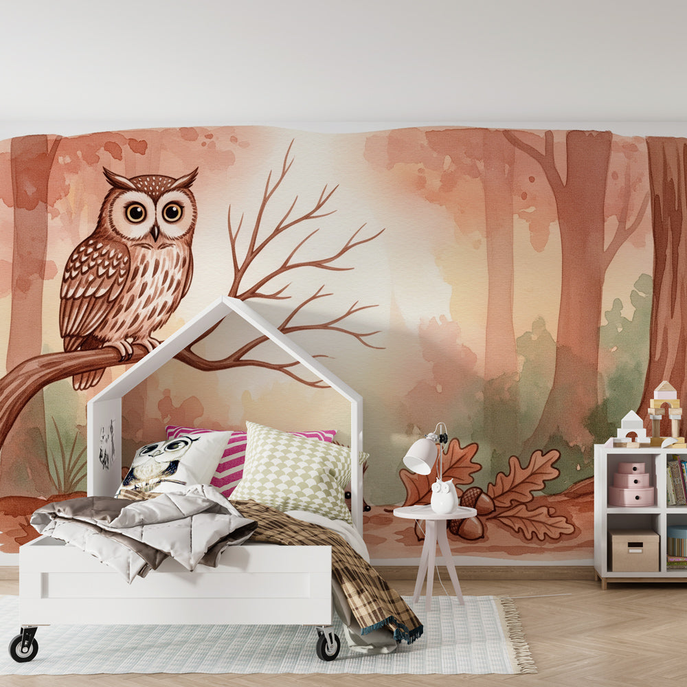 Hedgehog and owl wallpaper transforming children's playroom into magical forest space