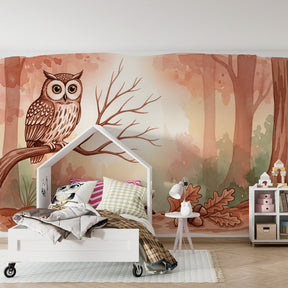 Hedgehog and owl wallpaper transforming children's playroom into magical forest space