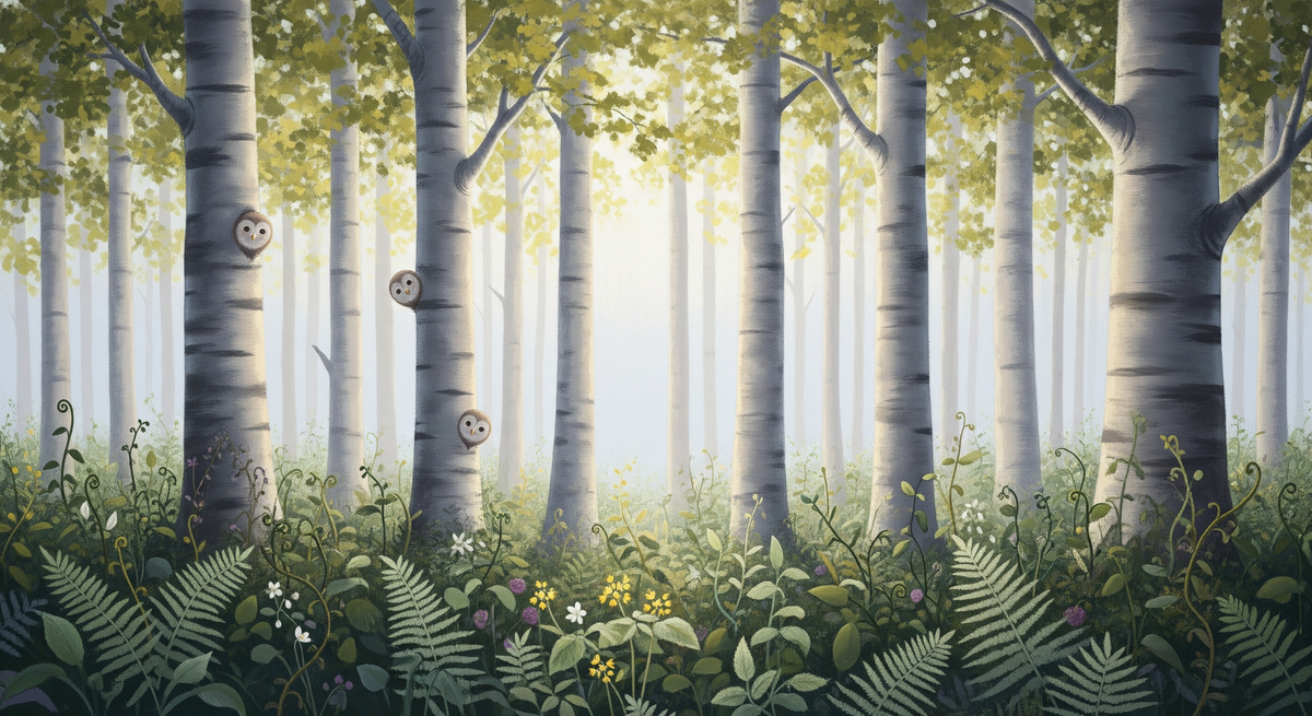 Enchanted Forest Owls and Birch Trees Wall Mural