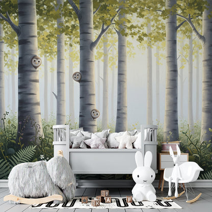 Kids-Mundo enchanted forest owl and birch tree wall mural covering a wall in a bright children's playroom