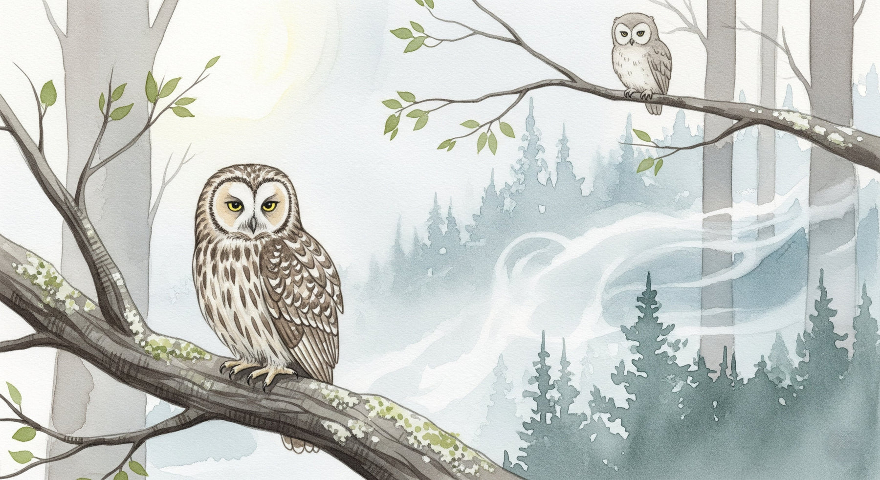 Detailed forest owls mural wallpaper design pattern showing woodland creatures by Kids-Mundo
