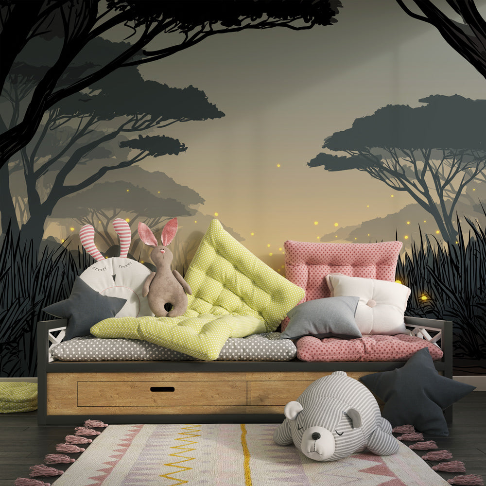 Firefly forest path wallpaper creating enchanted reading nook for children by Kids-Mundo