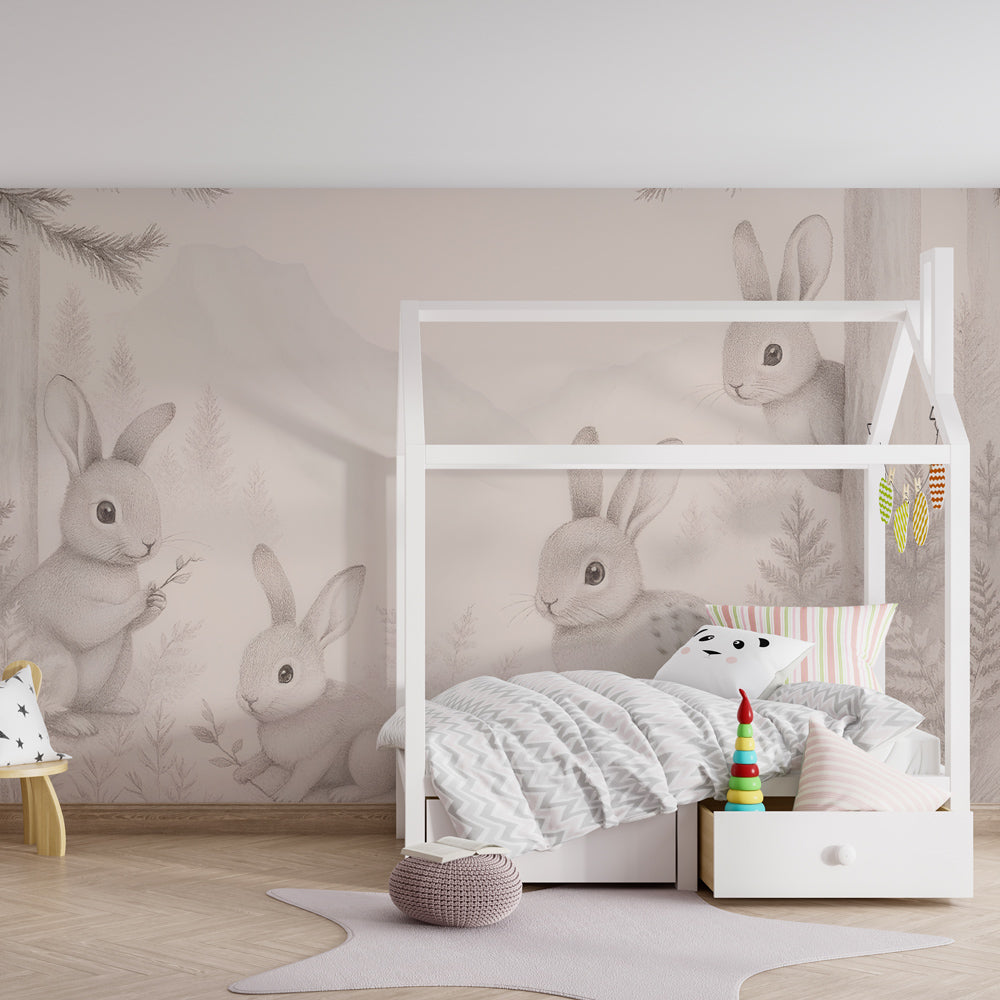 Woodland rabbit wallpaper transforming kids bedroom with gentle forest theme by Kids-Mundo