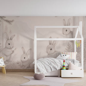 Woodland rabbit wallpaper transforming kids bedroom with gentle forest theme by Kids-Mundo