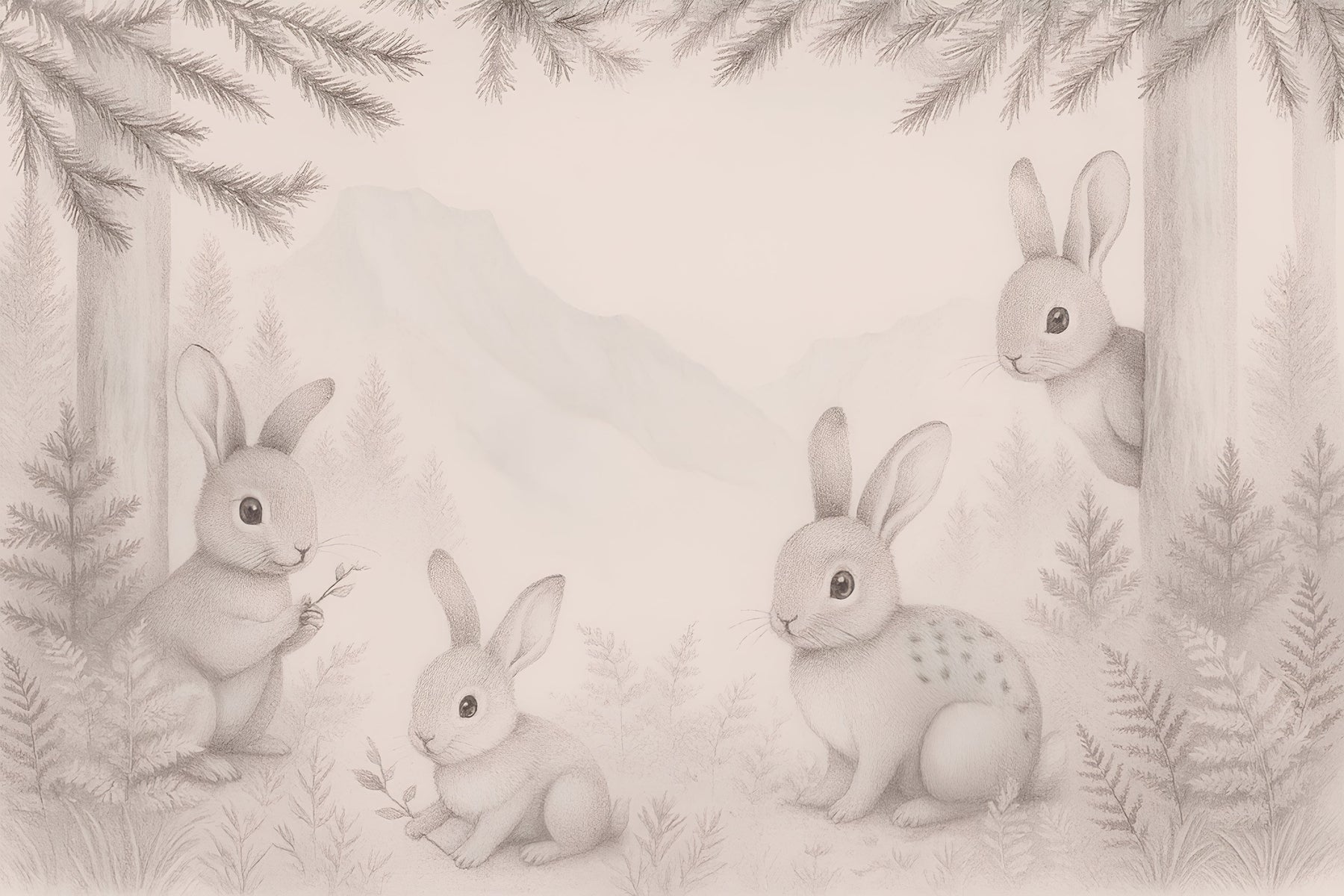 Detailed forest rabbit mural wallpaper design pattern showing woodland creatures by Kids-Mundo