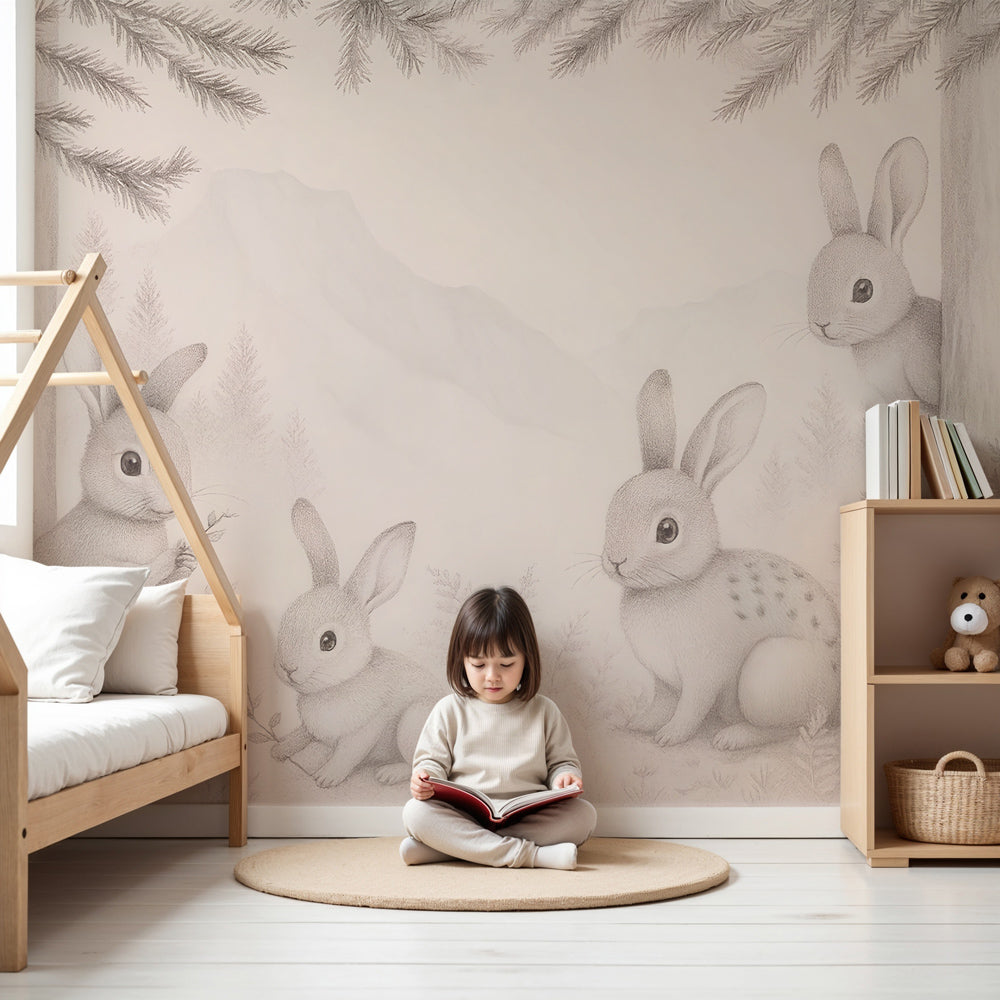 Forest rabbit mural wallpaper creating peaceful woodland nursery decor by Kids-Mundo