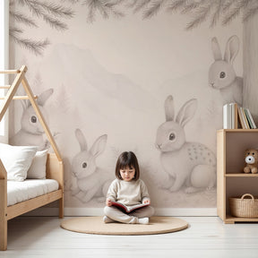 Forest rabbit mural wallpaper creating peaceful woodland nursery decor by Kids-Mundo