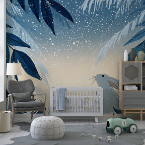 Enchanted forest bunny mural wallpaper for serene children's playroom by Kids-Mundo