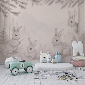Peaceful forest rabbit mural wallpaper in children's playroom interior by Kids-Mundo