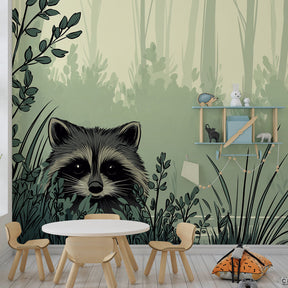 Woodland raccoon wallpaper creating peaceful atmosphere in children's bedroom decor