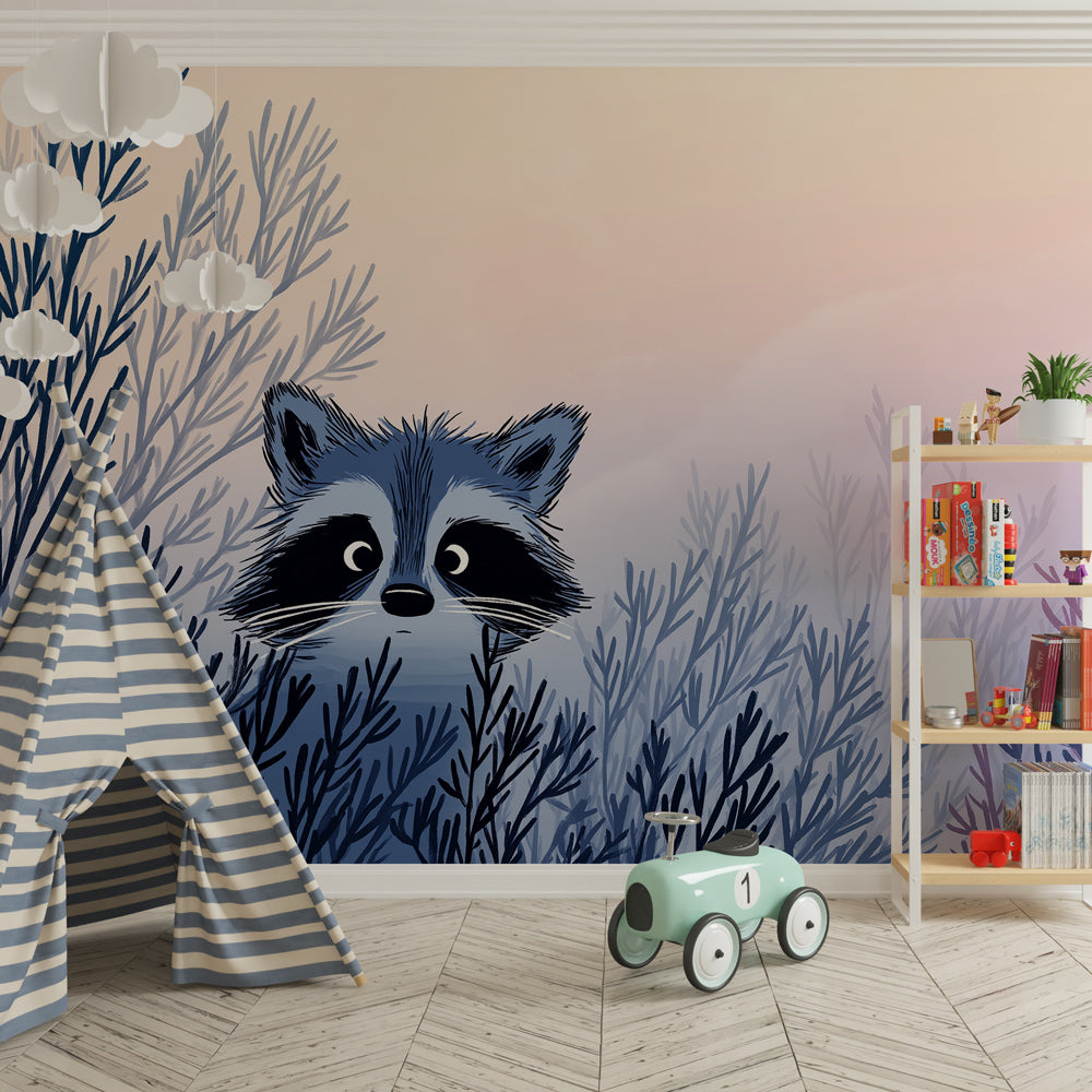 Curious raccoon wallpaper creating magical children's bedroom with soft pink blue gradient