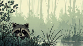 Detailed forest raccoon mural wallpaper design pattern showing woodland foliage by Kids-Mundo