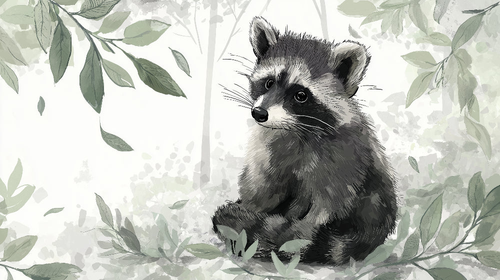 Detailed forest raccoon mural wallpaper design pattern with woodland foliage by Kids-Mundo