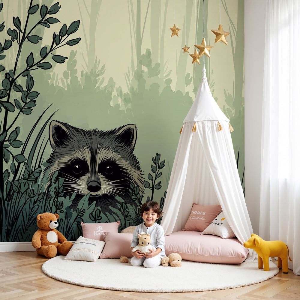 Forest raccoon mural wallpaper in modern nursery with natural wood furniture by Kids-Mundo
