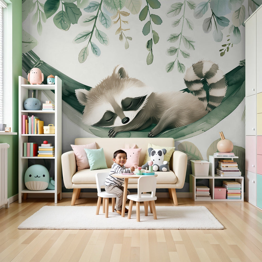 Forest raccoon mural wallpaper in peaceful nursery setting with sleeping baby raccoon by Kids-Mundo