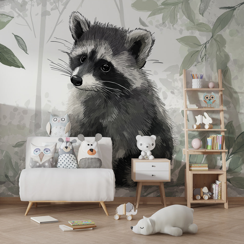 Children's playroom featuring forest raccoon mural wallpaper with green foliage design
