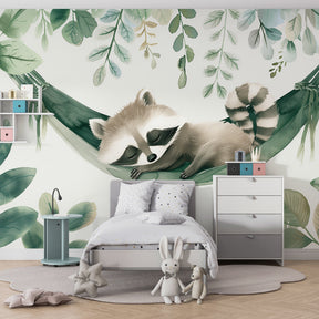 Hammock raccoon mural wallpaper transforming toddler room into magical forest retreat