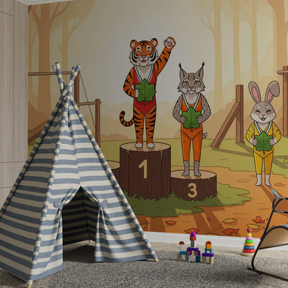Kids-Mundo forest sports day animal wall mural styled in a playful, colourful nursery
