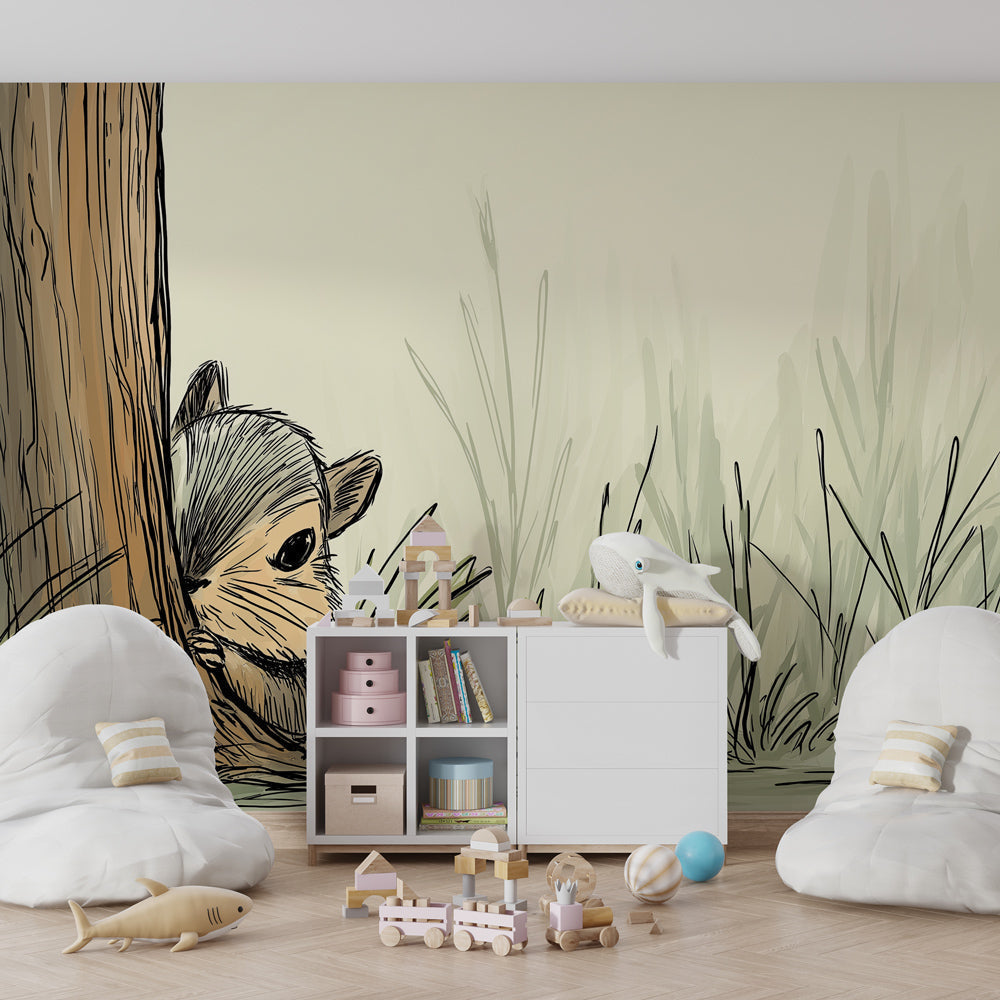 Gentle forest animal mural wallpaper with squirrel behind tree in cozy baby bedroom
