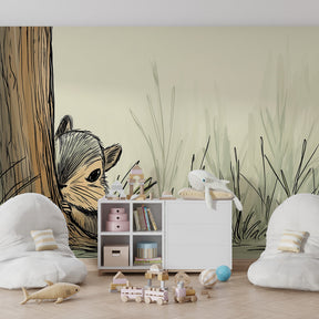 Gentle forest animal mural wallpaper with squirrel behind tree in cozy baby bedroom
