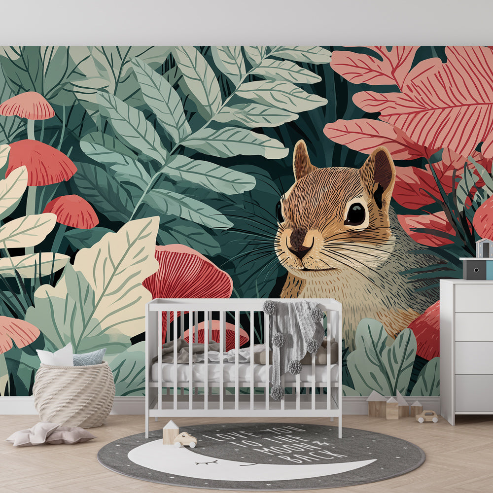 Enchanted woodland mural wallpaper creating magical kids bedroom decor with soft colors