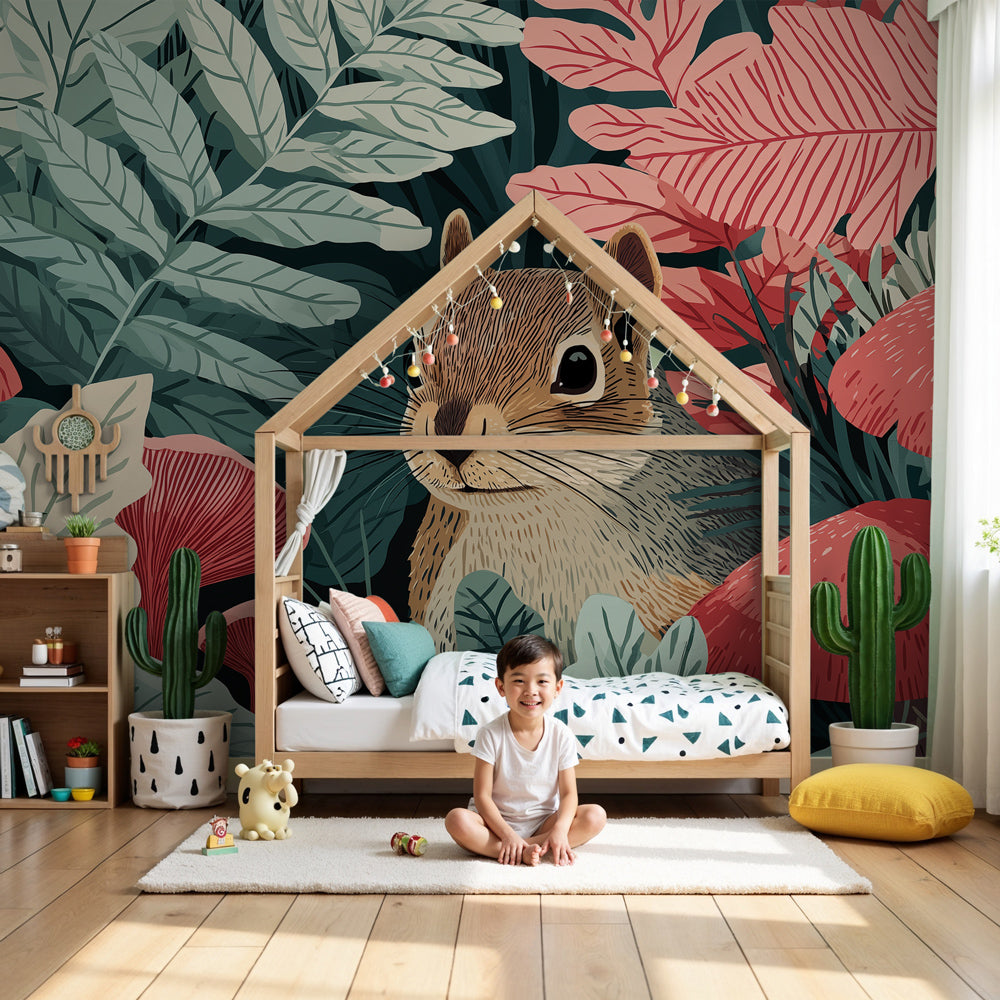 Forest squirrel mural wallpaper in modern nursery with natural wood crib by Kids-Mundo