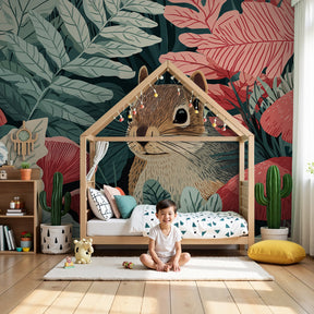 Forest squirrel mural wallpaper in modern nursery with natural wood crib by Kids-Mundo