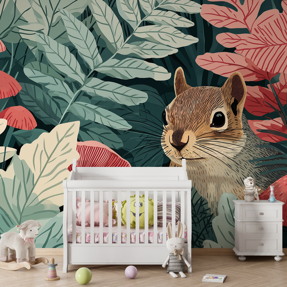 Whimsical forest wallpaper with squirrel and mushrooms in cozy children's reading nook