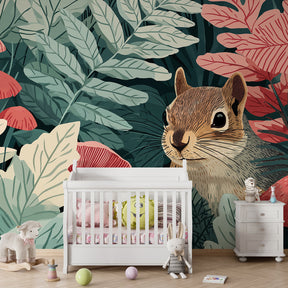 Whimsical forest wallpaper with squirrel and mushrooms in cozy children's reading nook