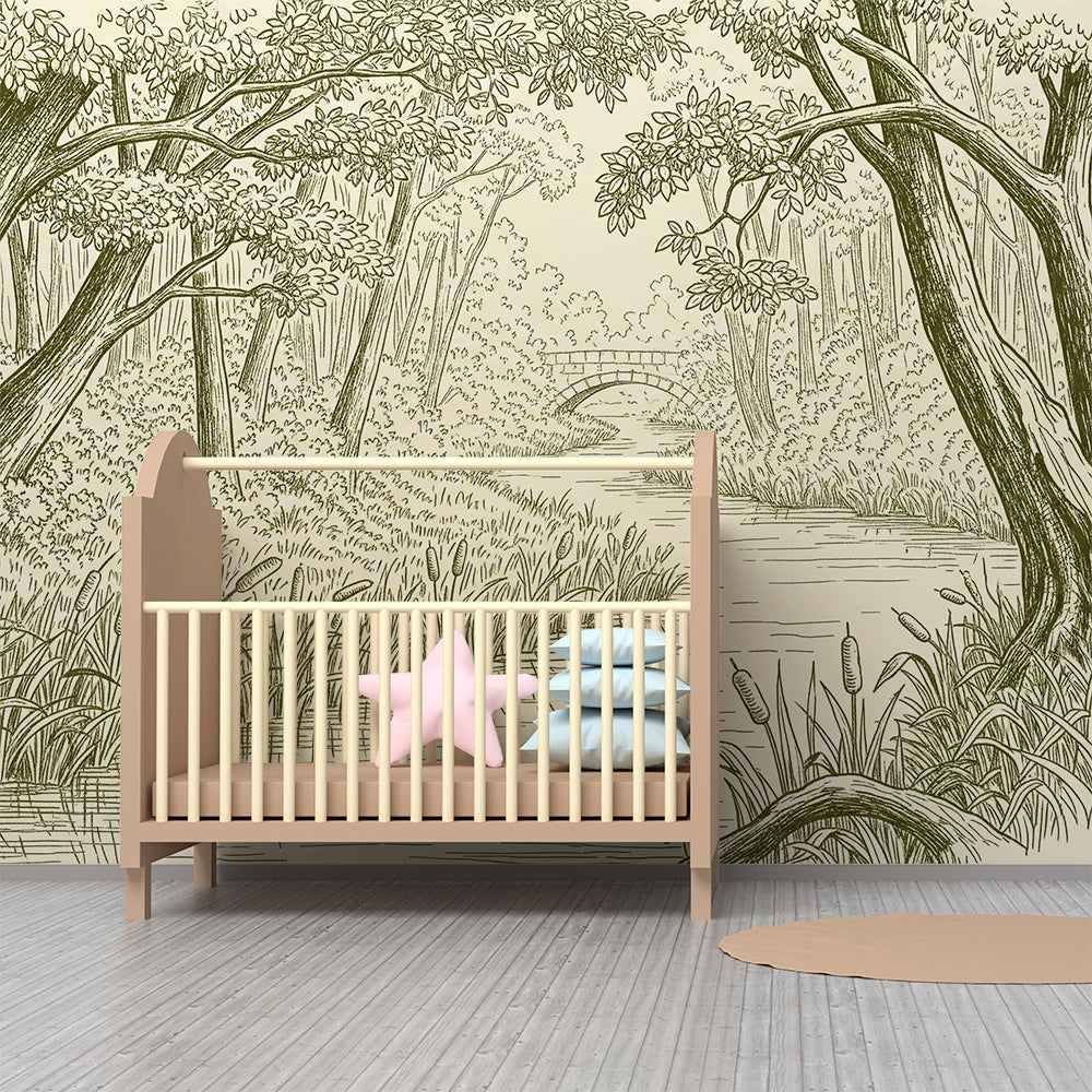 Kids-Mundo forest stream mural installed on a feature wall in a child's bedroom
