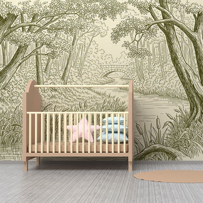 Kids-Mundo forest stream mural installed on a feature wall in a child's bedroom