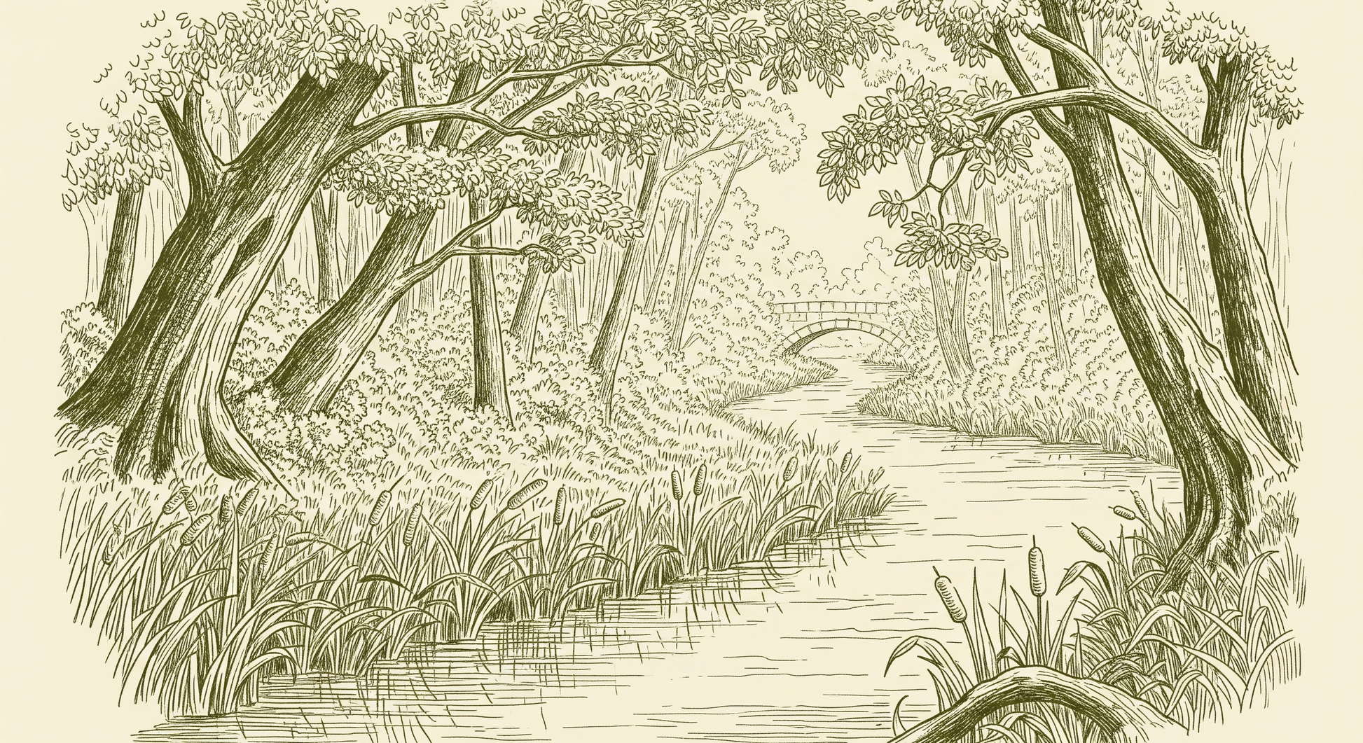 Kids-Mundo flat artwork preview of the woodland stream and stone bridge wall mural design