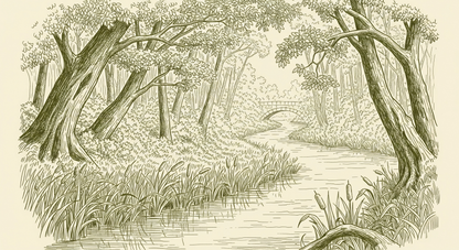 Kids-Mundo flat artwork preview of the woodland stream and stone bridge wall mural design