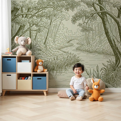 Kids-Mundo woodland stream wall mural with stone bridge in a soft, calming nursery setting