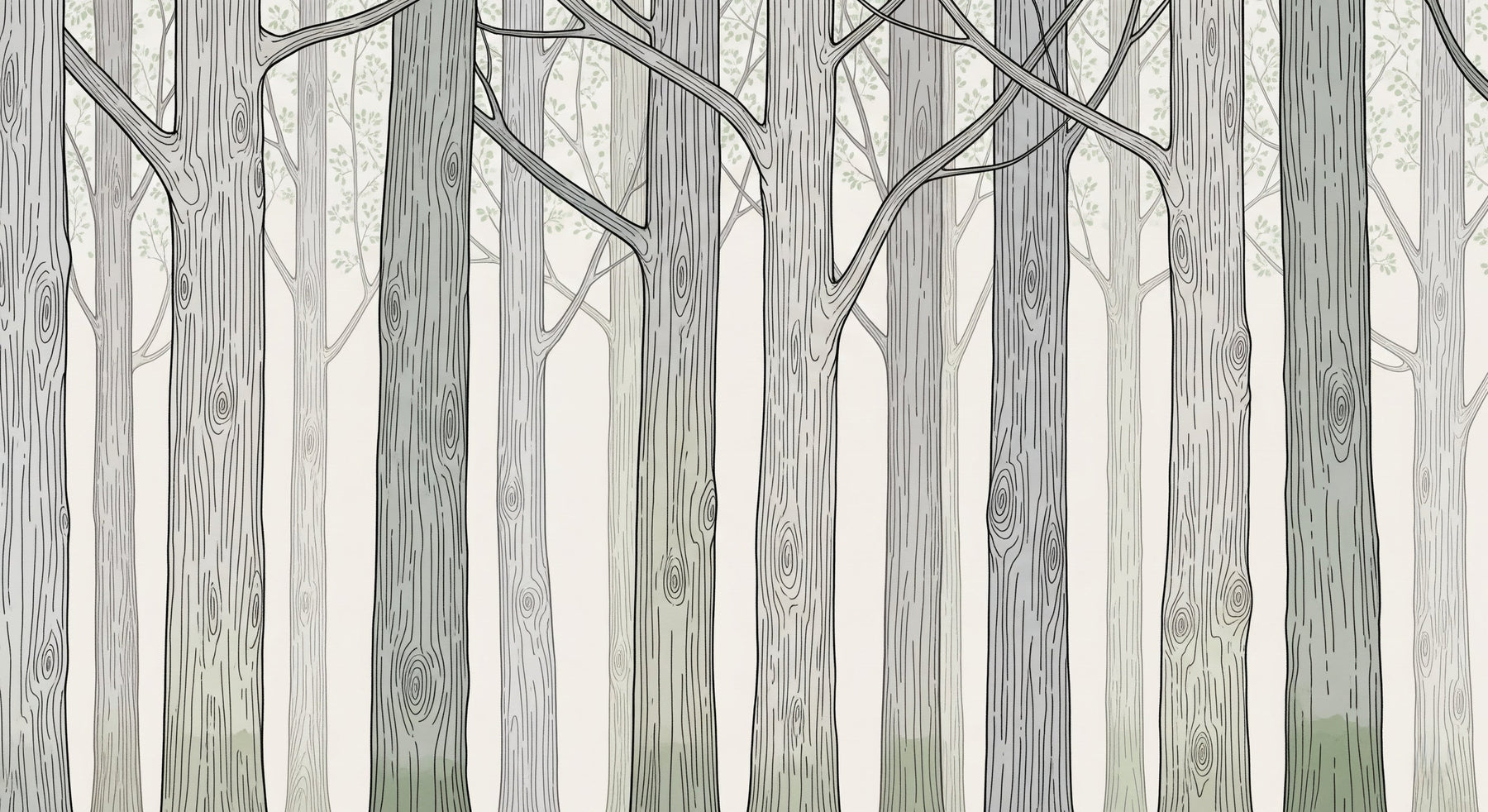 Detailed forest tree mural wallpaper design pattern with elegant gray-green styling by Kids-Mundo
