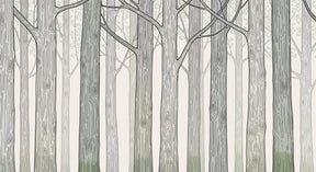 Detailed forest tree mural wallpaper design pattern with elegant gray-green styling by Kids-Mundo