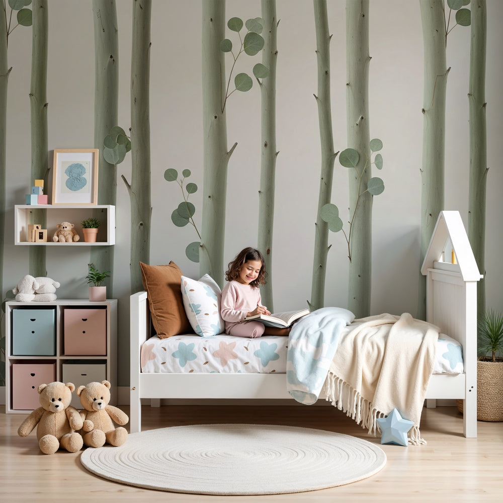 Forest tree mural wallpaper creating peaceful nursery atmosphere with gentle wood and foliage by Kids-Mundo