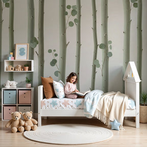 Forest tree mural wallpaper creating peaceful nursery atmosphere with gentle wood and foliage by Kids-Mundo