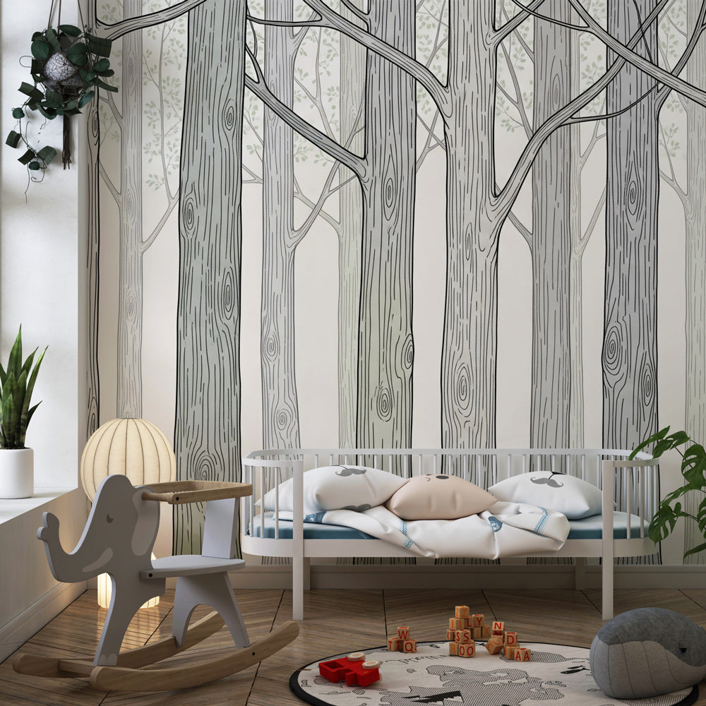 Nature-inspired forest mural wallpaper transforming kids room into woodland sanctuary
