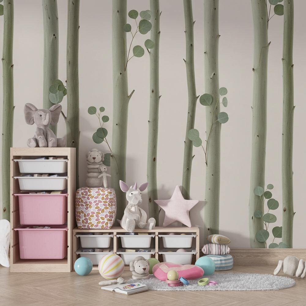 Woodland tree mural wallpaper transforming kids playroom with delicate botanical patterns by Kids-Mundo
