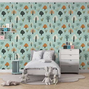 Forest themed mural wallpaper creating magical woodland atmosphere in children's bedroom